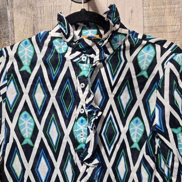 Tory Burch Geometric Print Fish Multicolor Ruffle Blouse - Picture 2 of 4